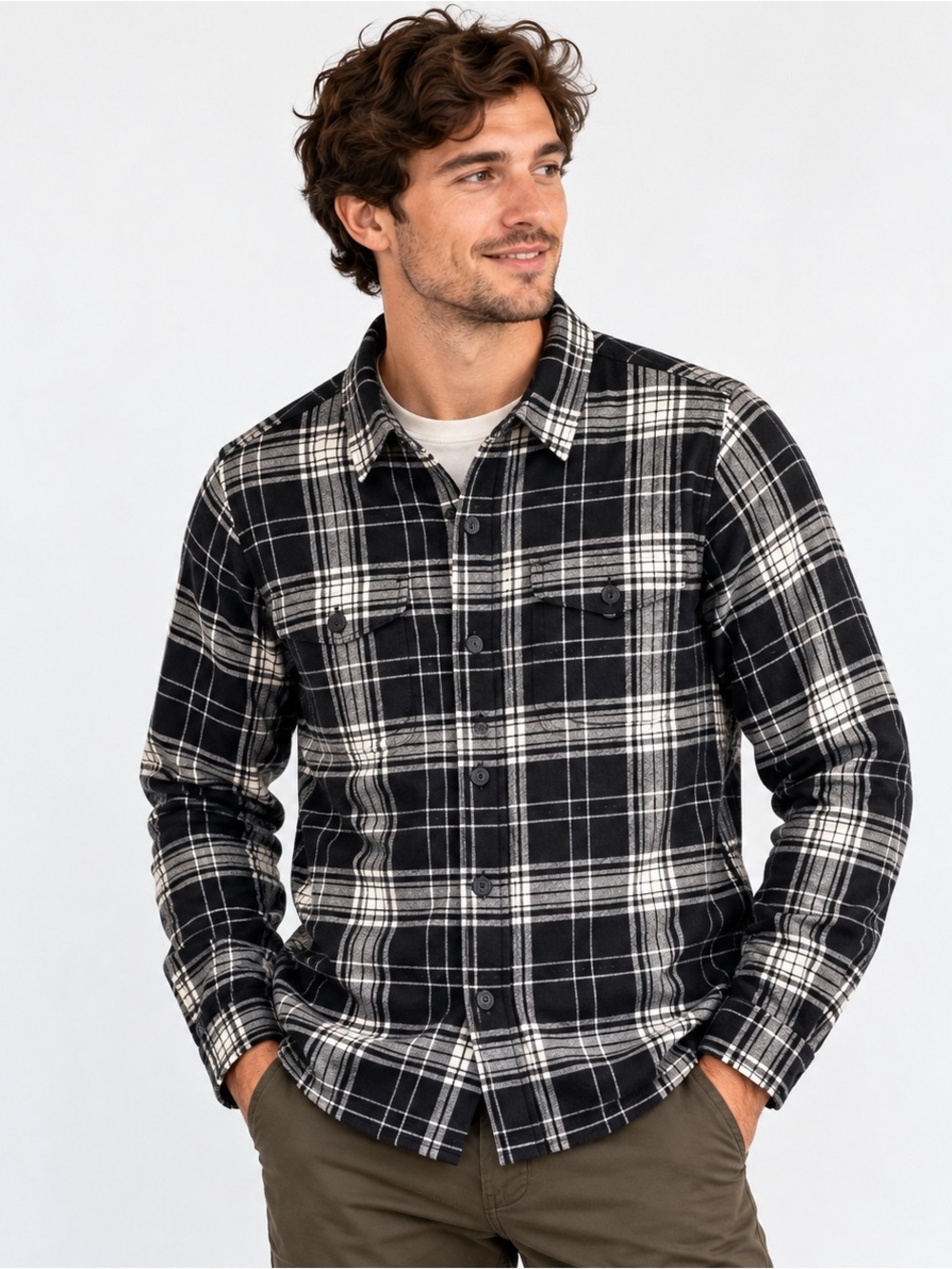 Tilley Endurables Flannel Shirt Mens Small Button Down Black White Plaid